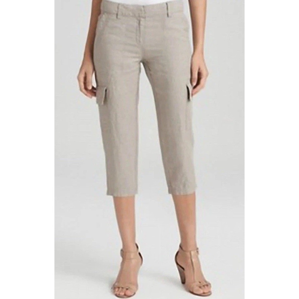Eileen Fisher Organic Linen Cargo Crop Pants Womens Size 14 Taupe Beige
